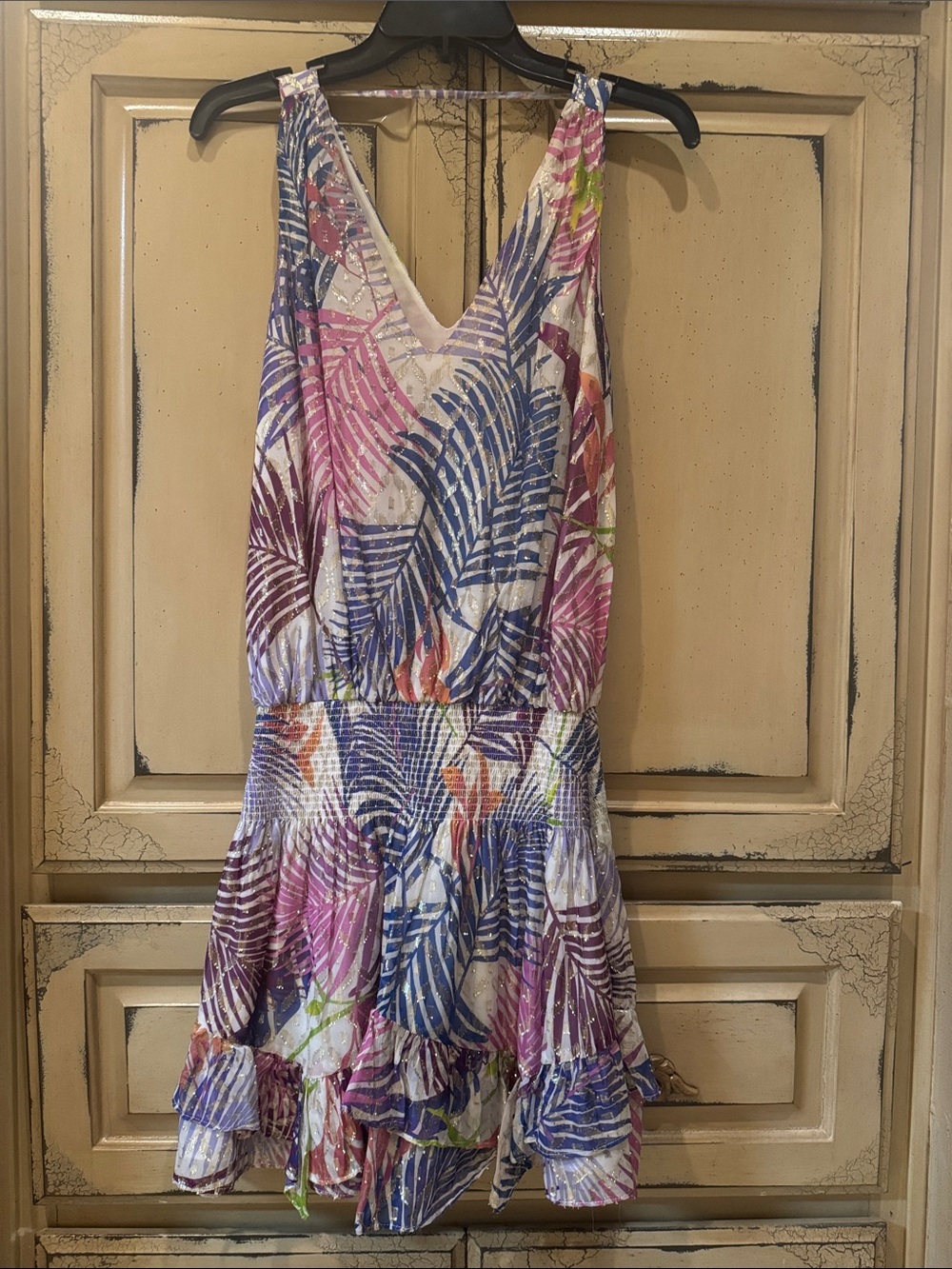 Ramy Brook Tropical Leaf Print Mini Dress in Pink & Blue